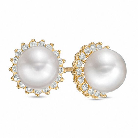 6 5 7 0mm Cultured Akoya Pearl And 1 4 Ct T W Diamond Sunburst 6 5 7 0mm Cultured Akoya Pearl And 1 4 Ct T W Diamond Sunburst Frame Stud Earrings In 10k Gold