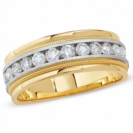 14k Yellow Gold Two Tone 1 CT Diamond Mens Round Wedding Band Ring Milgrain 