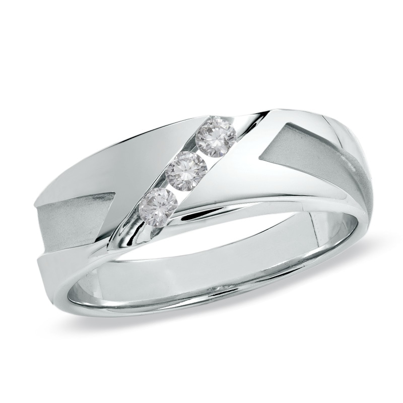 Main Image 1 of 1/4 CT. T.W. Diamond Three Stone Abstract Slant Wedding Band in 10K White Gold