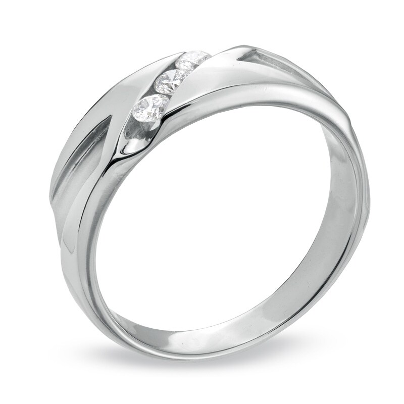 Main Image 2 of 1/4 CT. T.W. Diamond Three Stone Abstract Slant Wedding Band in 10K White Gold