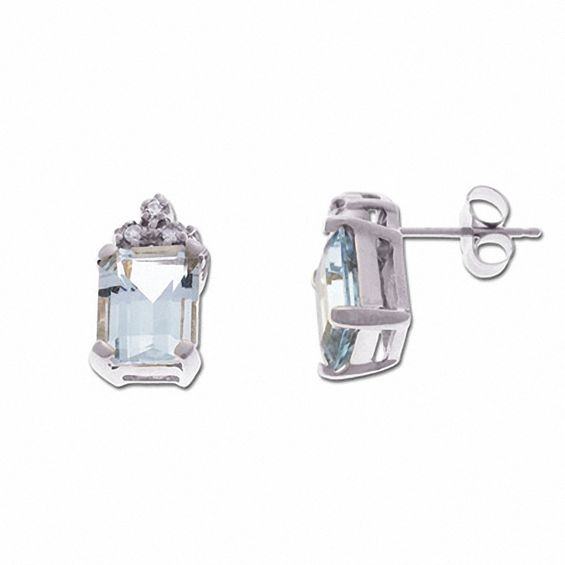 Emerald Cut Aquamarine Stud Earrings In 10k White Gold With Diamond Emerald Cut Aquamarine Stud Earrings In 10k White Gold With Diamond Accents