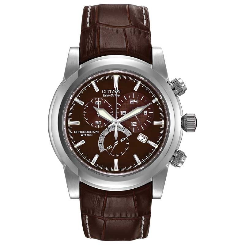 Men's Citizen Eco-Drive® Stainless Steel Chronograph Watch with Brown Dial and Brown Strap (Model: AT0550-11X)