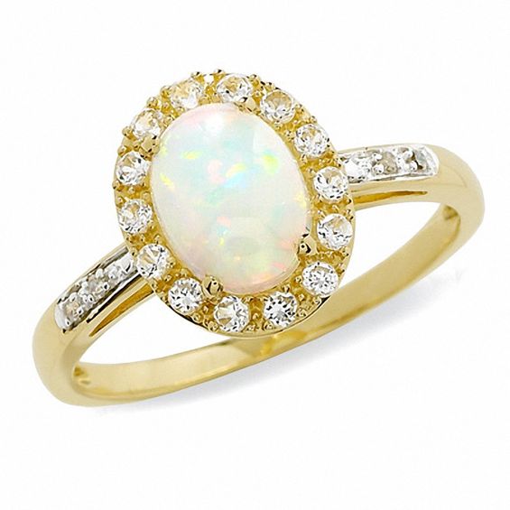 Oval Lab Created Opal And White Shire Ring In 14k Gold With Oval Lab Created Opal And White Shire Ring In 14k Gold With Diamond Accents