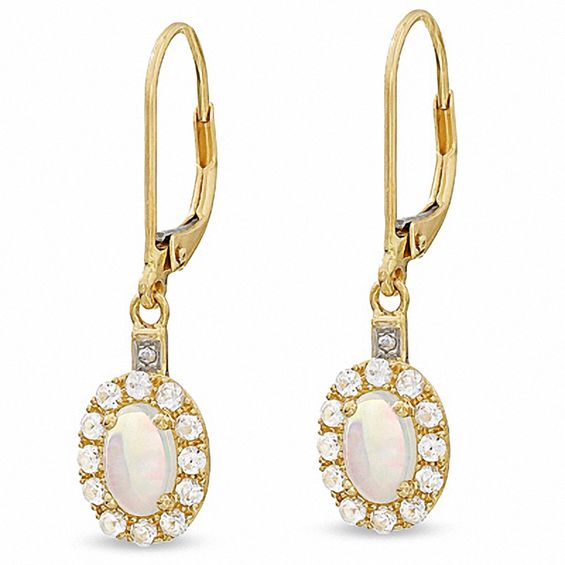 Oval Lab Created Opal And White Shire Leverback Earrings In 10k Oval Lab Created Opal And White Shire Leverback Earrings In 10k Gold