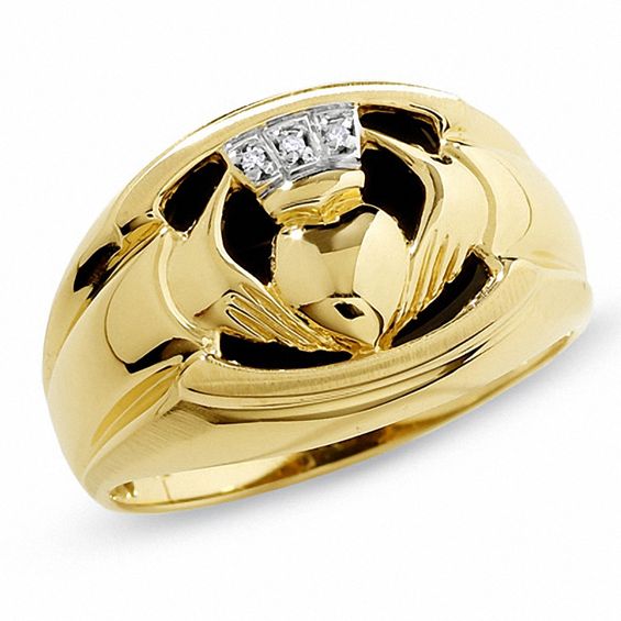 Men's Onyx Claddagh Ring in 10K Gold with Diamond Accents Gemstone