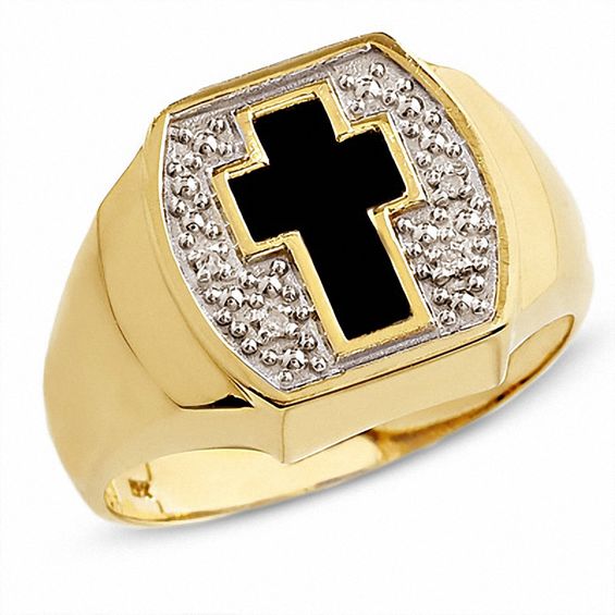 Men's Onyx Cross Ring in 10K Gold with Diamond Accents Gemstone Rings Rings Zales