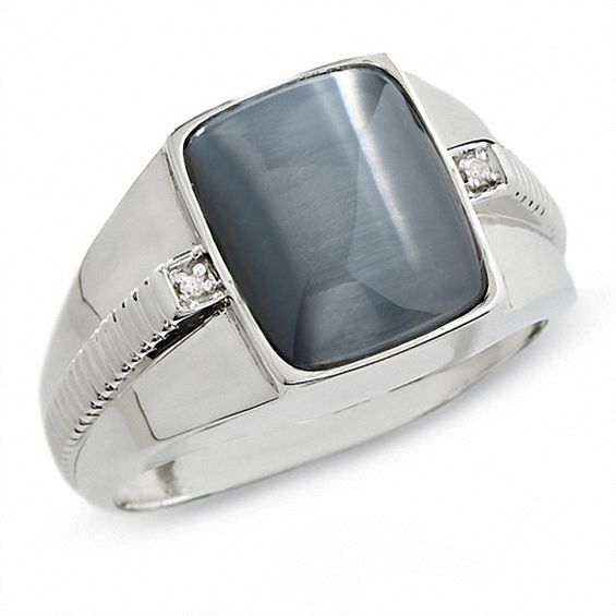 Men's Simulated Cat's Eye Ring in 10K White Gold with Diamond Accents