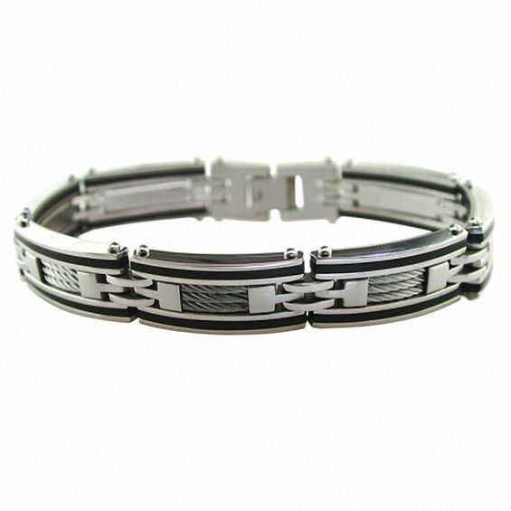 Men S Stainless Steel Bracelet With Black Rubber And Cable Inlay Men S Stainless Steel Bracelet With Black Rubber And Cable Inlay