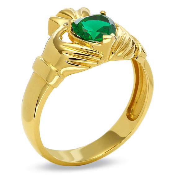 Men's LabCreated Emerald Claddagh Ring in 10K Gold with Diamond