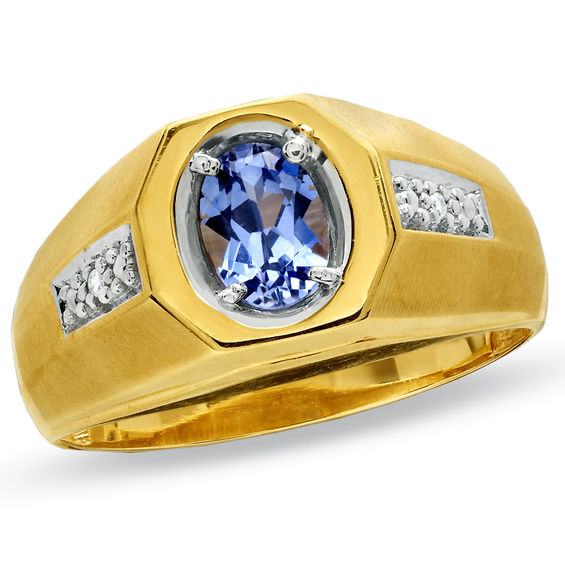 Men's Oval Simulated Tanzanite Ring in 10K Gold with Diamond Accents