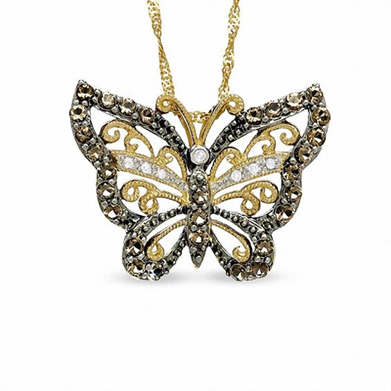 Smoky Quartz Butterfly Pendant in 10K Gold with Diamond Accents