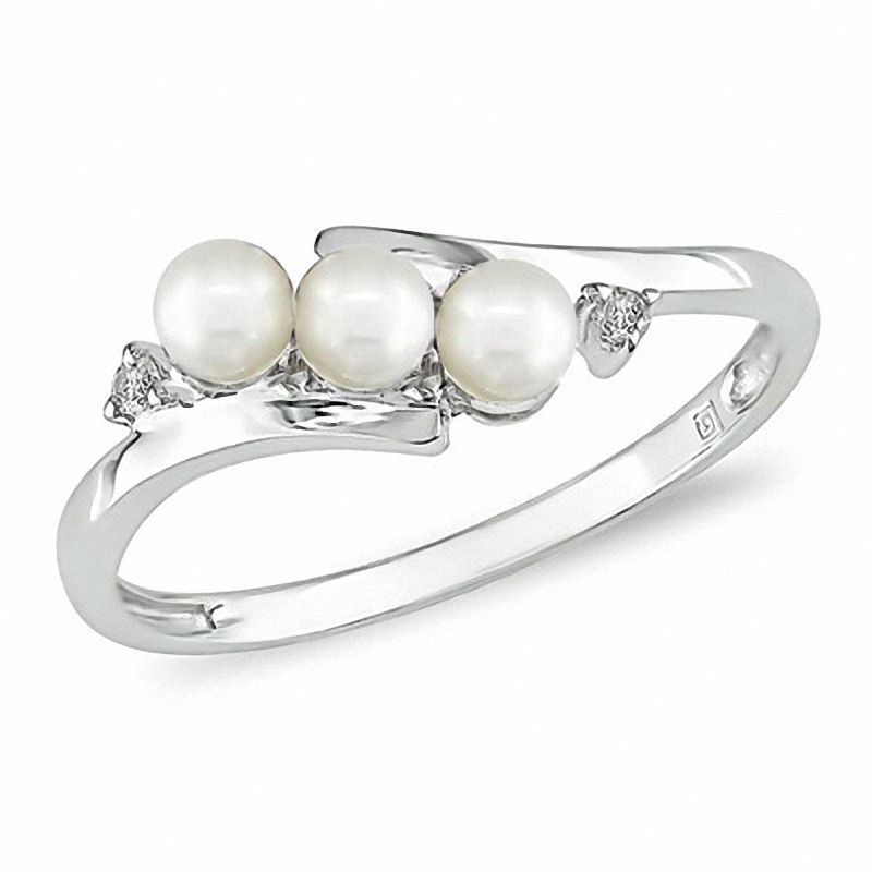 3.0 - 3.5mm Cultured Freshwater Pearl and Diamond Accent Three Stone Bypass Ring in 10K White Gold