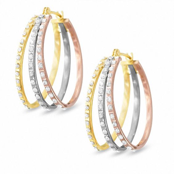 Diamond Fascination™ Triple Hoop Earrings in 14K Tri-Tone Gold | Zales
