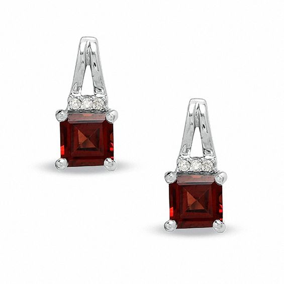 Square Garnet Birthstone Earrings In Sterling Silver With Diamond Square Garnet Birthstone Earrings In Sterling Silver With Diamond Accents
