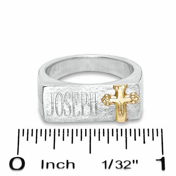 Men's Engraved Cross Ring in Sterling Silver and 14K Gold (8