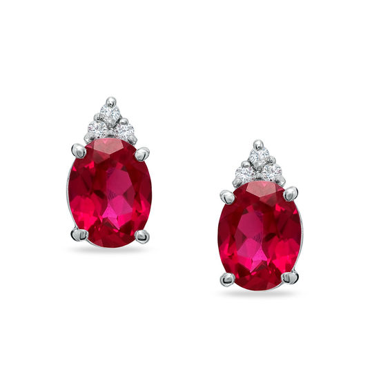 Oval Lab Created Ruby And Diamond Top Stud Earrings In 10k White Oval Lab Created Ruby And Diamond Top Stud Earrings In 10k White Gold
