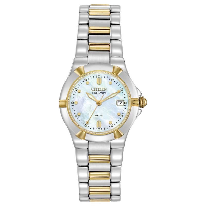 Ladies' Citizen Eco-Drive® Riva Two-Tone Watch with Mother-of-Pearl Dial (Model: EW1534-57D)