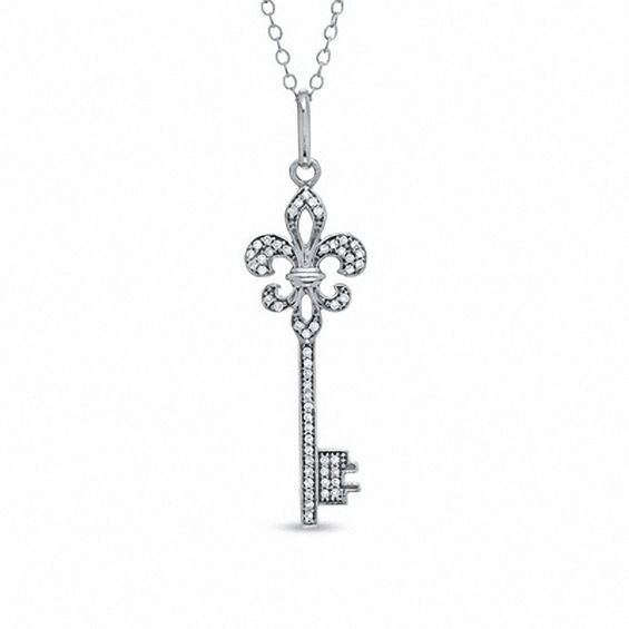 1 5 Ct T W Diamond Fleur De Lis Key Pendant In Sterling Silver T W Diamond Fleur De Lis Key Pendant In Sterling