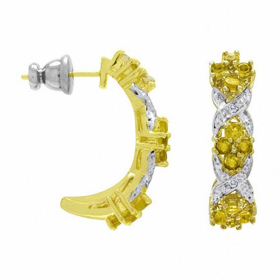 Citrine And Diamond Accent Flower Half Hoop Earrings In Sterling Citrine And Diamond Accent Flower Half Hoop Earrings In Sterling Silver With 14k Gold Plate