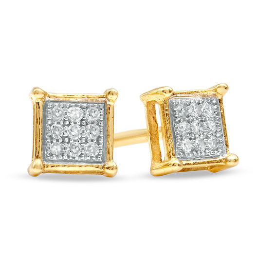 10K Yellow Gold Diamond Criss Cross 3D Square Frame Earrings Pave Studs 1/4 CT. 