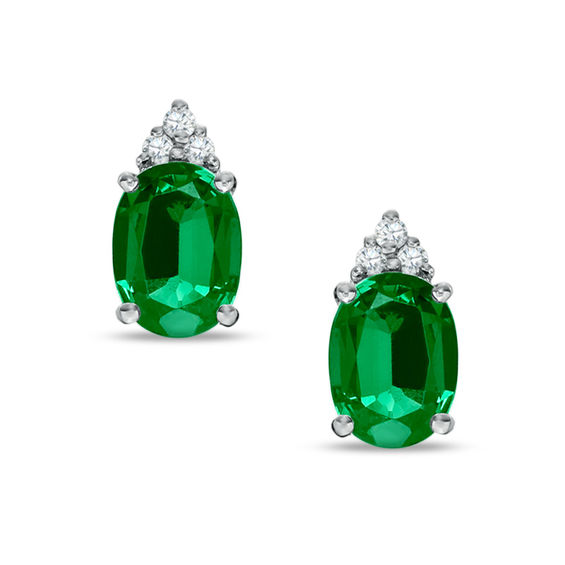 Oval LabCreated Emerald and Diamond Earrings in 10K White Gold