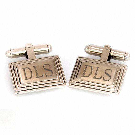 Men's Rectangular Step SilverTone Cuff Links (3 Initials