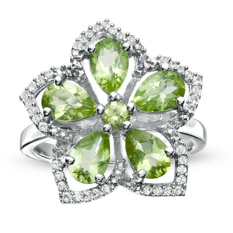 Peridot and White Topaz Flower Ring in Sterling Silver