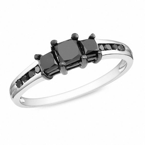 1 CT. T.W. PrincessCut Enhanced Black Diamond Three Stone Ring in
