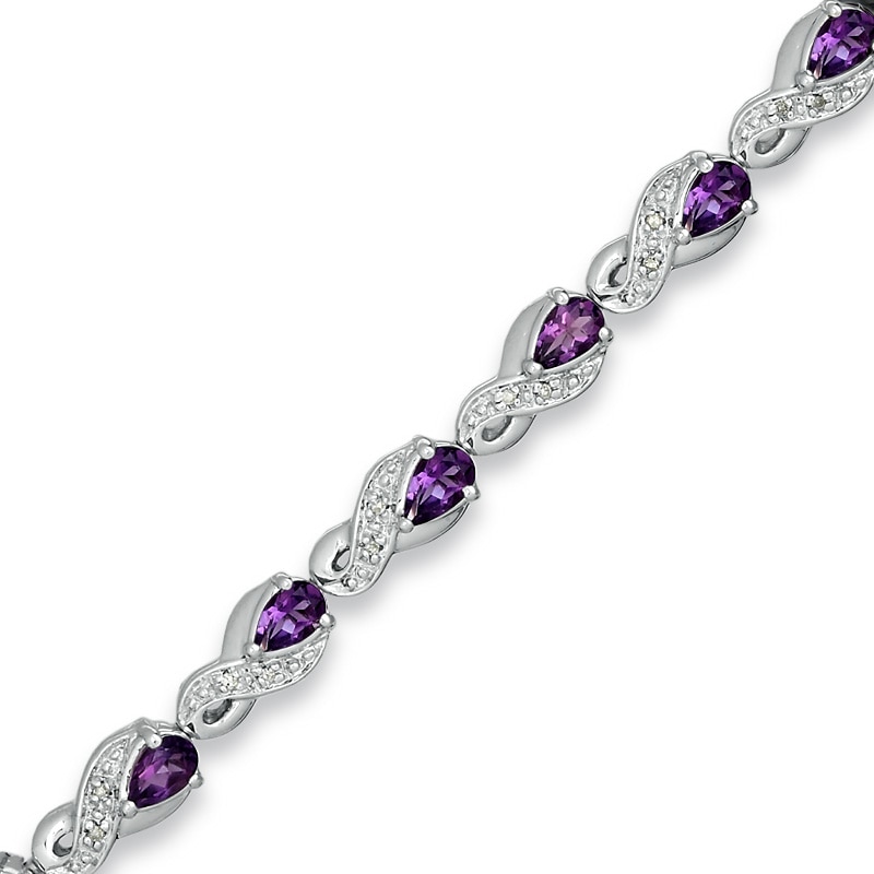 Pear-Shaped Amethyst and 1/10 CT. T.W. Diamond Bracelet in Sterling Silver