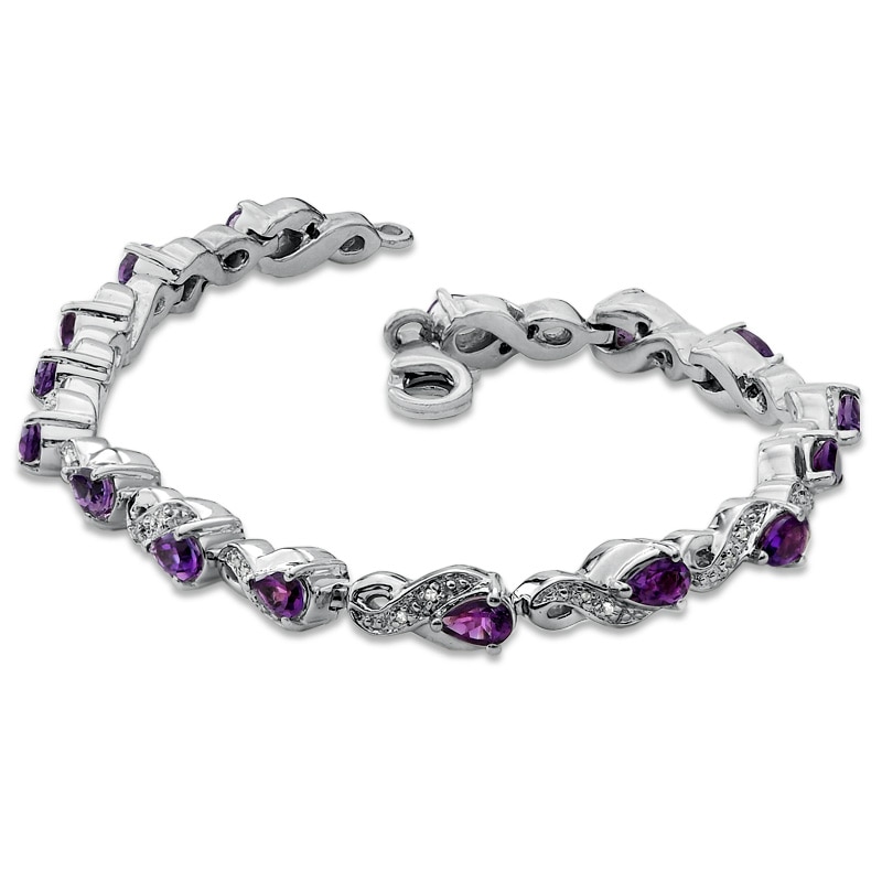 Pear-Shaped Amethyst and 1/10 CT. T.W. Diamond Bracelet in Sterling Silver