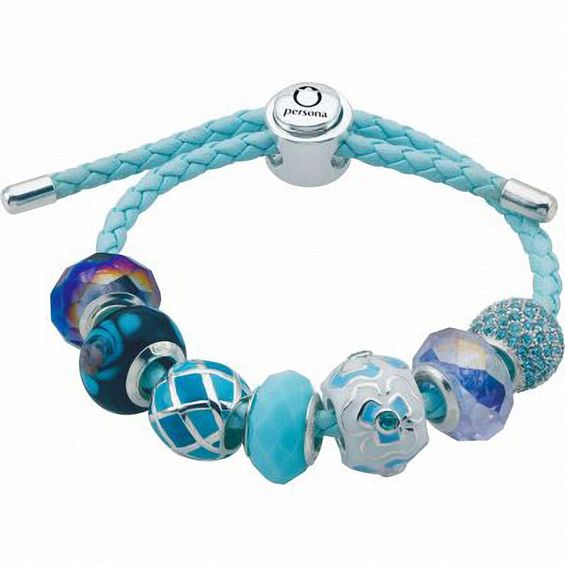 Persona® Aqua Leather Bracelet with Seven Charms and Sterling Silver