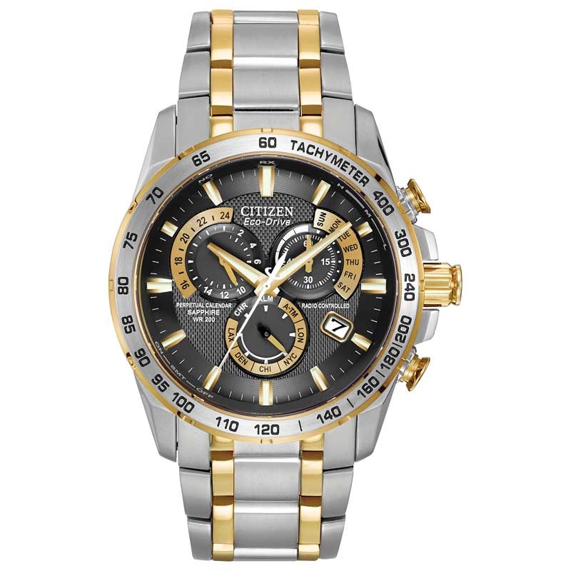 Men's Citizen Eco-Drive® PCAT Chronograph Two-Tone Watch with Black Dial (Model: AT4004-52E)