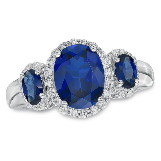 Oval LabCreated Blue Sapphire and White Sapphire Three Stone Ring in