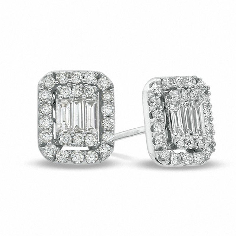 5/8 CT. T.W. Baguette and Round Diamond Stud Earrings in 14K White Gold