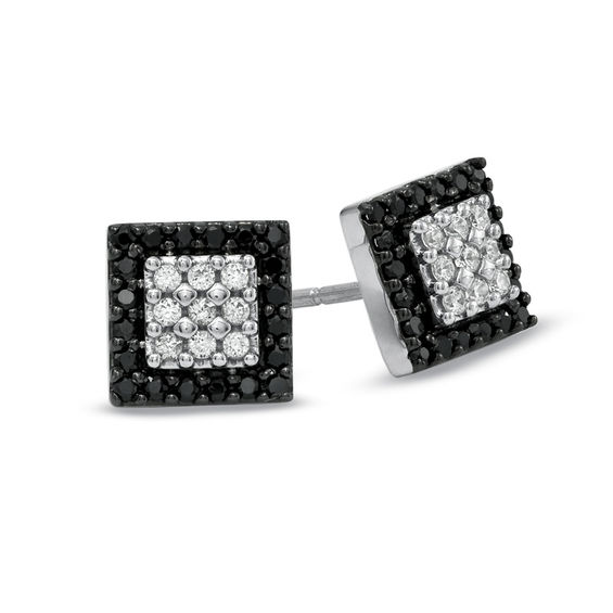 1 2 Ct T W Enhanced Black And White Diamond Square Frame Earrings T W Enhanced Black And White Diamond Square Frame Earrings In 10k