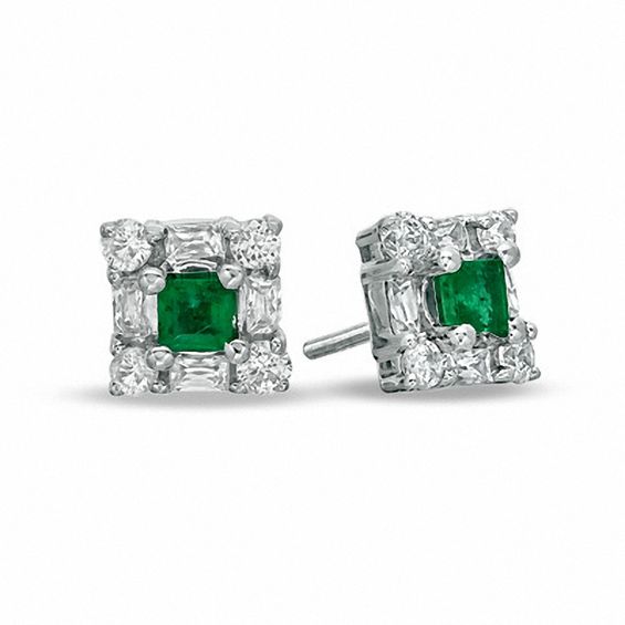 Princess Cut Emerald And 5 8 Ct T W Diamond Stud Earrings In 14k T W Diamond Stud Earrings In 14k