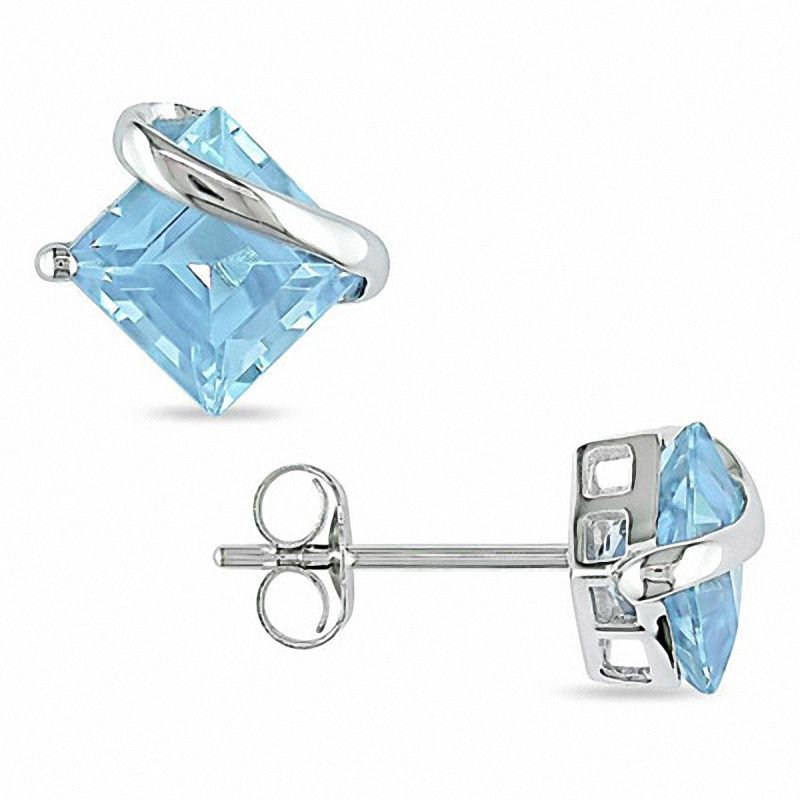6.0mm Princess-Cut Sky Blue Topaz Swirl Stud Earrings in 10K White Gold