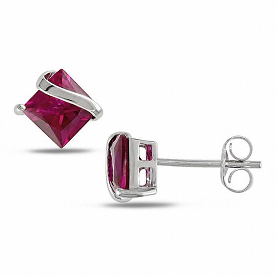 6 0mm Princess Cut Lab Created Ruby Swirl Stud Earrings In 10k White 6 0mm Princess Cut Lab Created Ruby Swirl Stud Earrings In 10k White Gold