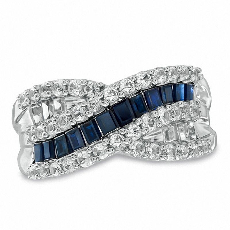 Lab-Created White and Ceylon Sapphire Crossover Band in Sterling Silver