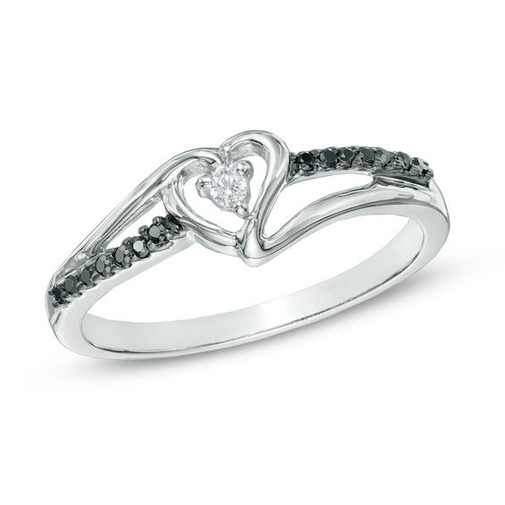 ctw Black Diamond Heart Promise Ring in Sterling Silver Details about   1/10 Carat 