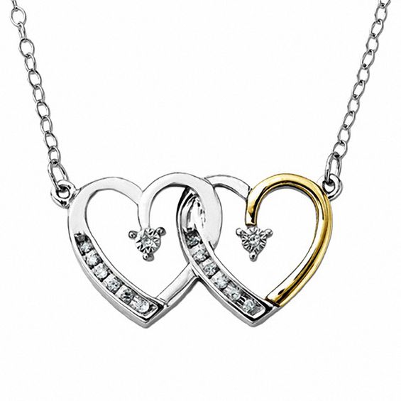 Diamond Accent Double Heart Necklace in Sterling Silver and 14K Gold