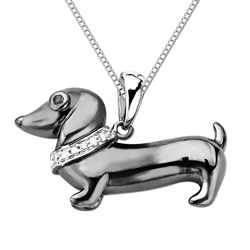 Enhanced Black and White Diamond Accent Dachshund Pendant in Sterling Silver