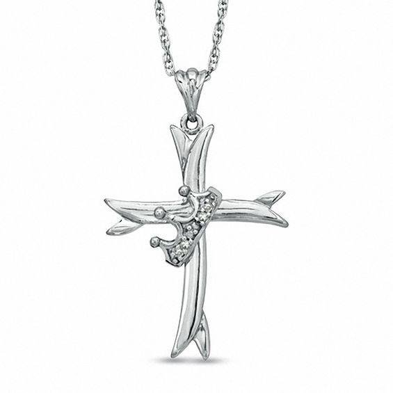 Diamond Accent Draped Crown Cross Pendant in Sterling Silver Diamond Necklaces Necklaces Zales