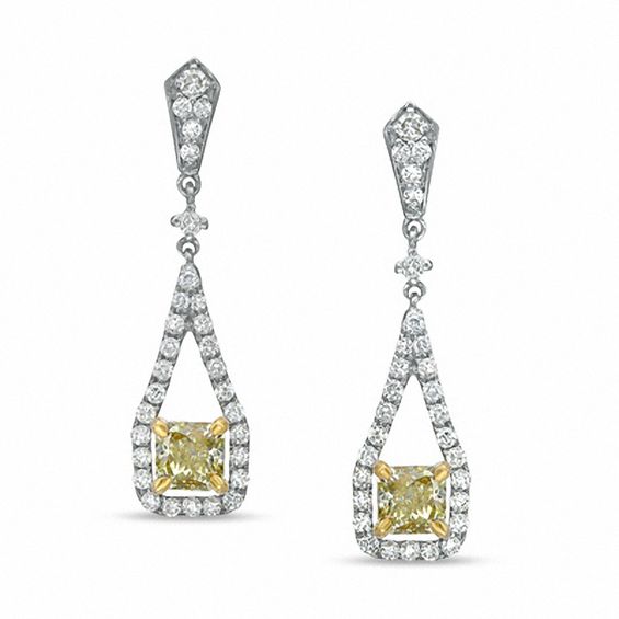 1 Ct T W Cushion Cut Fancy Yellow And White Diamond Drop Earrings T W Cushion Cut Fancy Yellow And White Diamond Drop Earrings In 14k