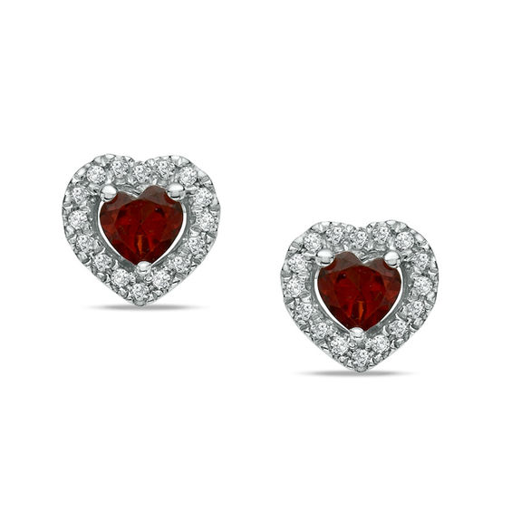 Heart Shaped Garnet And 1 8 Ct T W Diamond Frame Stud Earrings In Heart Shaped Garnet And 1 8 Ct T W Diamond Frame Stud Earrings In