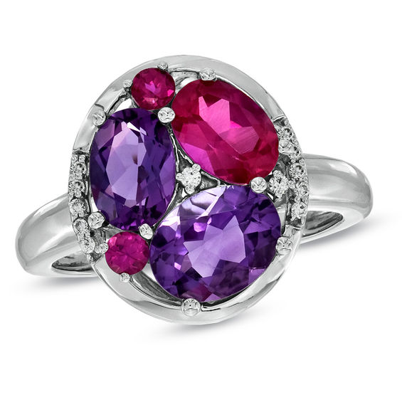 Oval Amethyst, LabCreated Ruby and White Sapphire Ring in Sterling