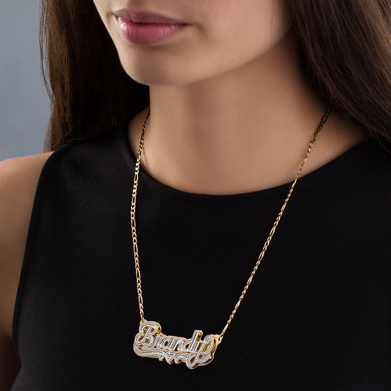 Diamond Accent Hammered Name and Heart Ribbon Accent Plate Necklace in Sterling Silver and 24K Gold Plate (1 Line)