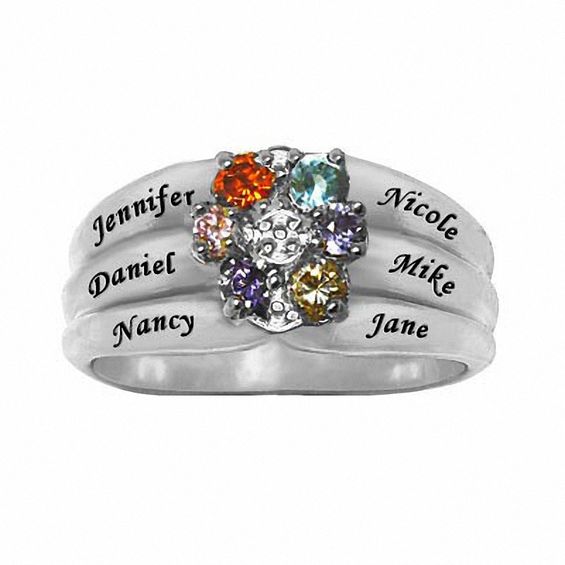 Mothers' Simulated Birthstone Flower Ring in Sterling Silver (2-6 Names