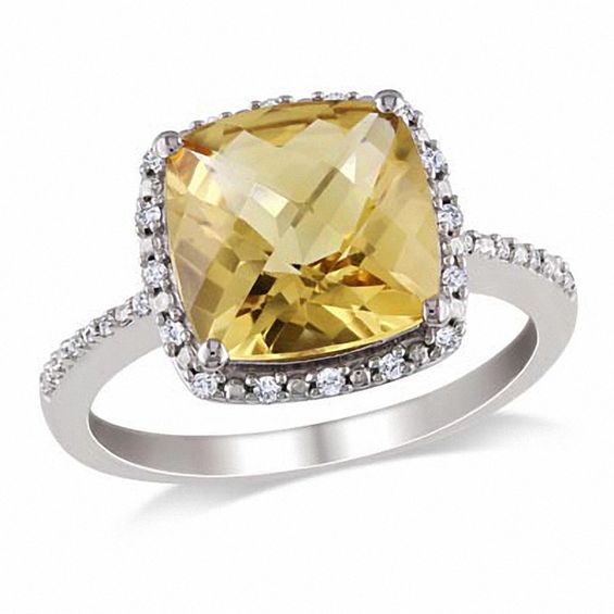 Cushion-Cut Citrine and 1/10 CT. T.W. Diamond Frame Ring in Sterling Silver