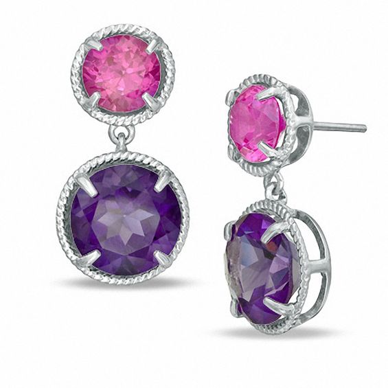 Amethyst and LabCreated Pink Sapphire Drop Earrings in Sterling Silver